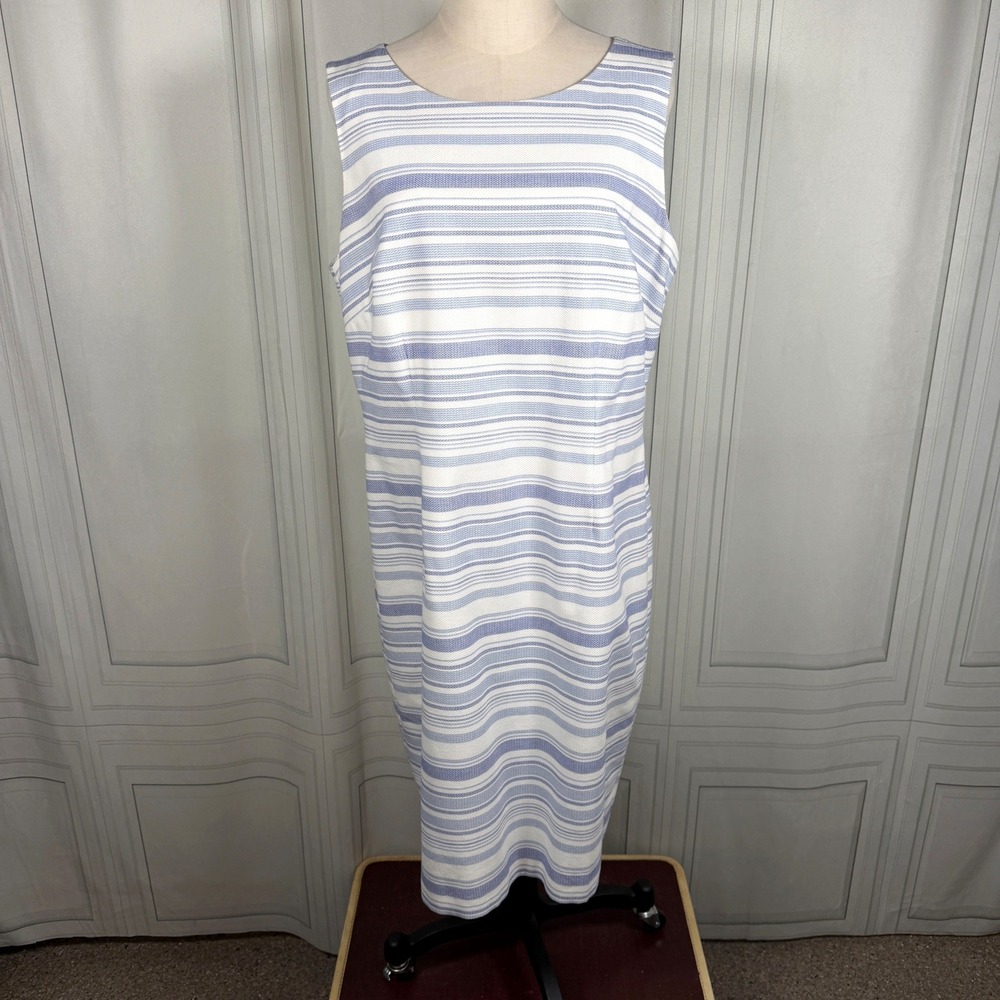 Talbots Blue White Striped Sleeveless Shift Dress Size 14 Back Vent Lined Cotton